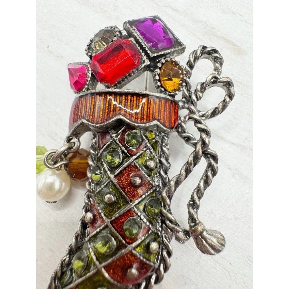 KC Kenneth Cole Classic Christmas Stocking Crystal Gems Brooch Cha Cha Beads